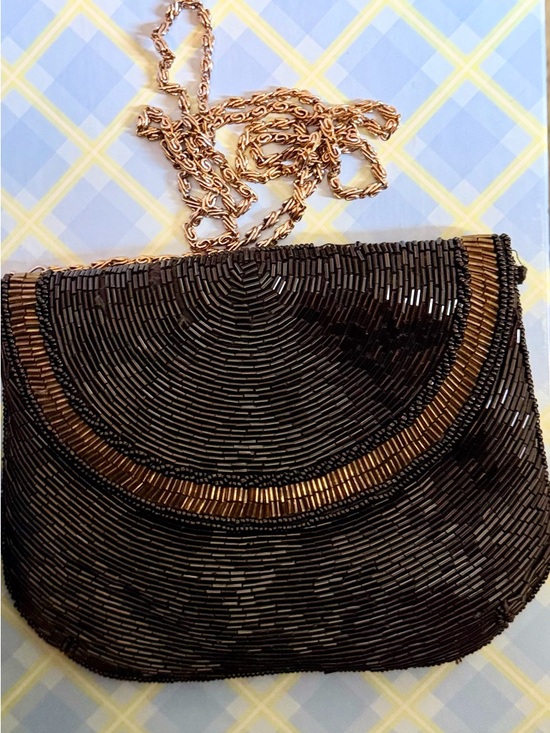 Source Unknown Handbags - Vintage Black Beaded Evening Bag • Gold Chain Strap • Art Deco Style